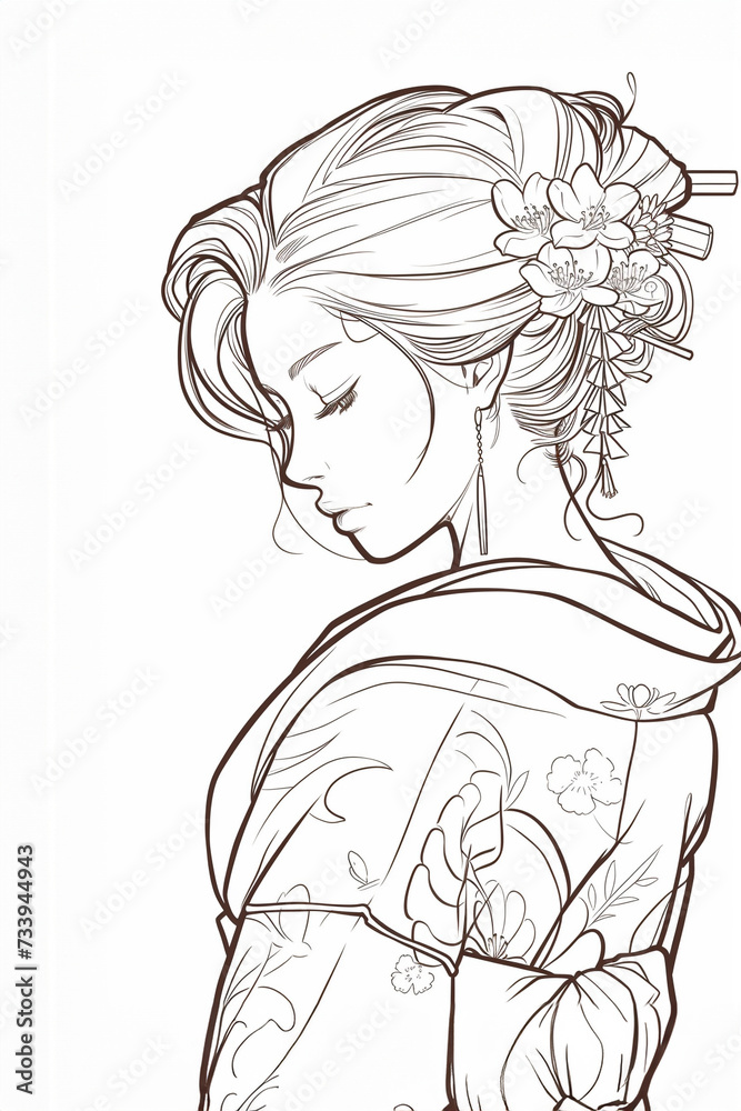 Outline drawing geisha, feminine look, eyes down. Outline drawing geisha, feminine look, eyes down.