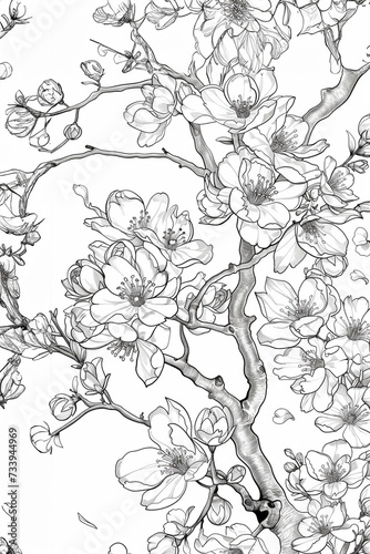 Outline drawing beautiful Japanese abstract background with blooming sakura. Coloring book