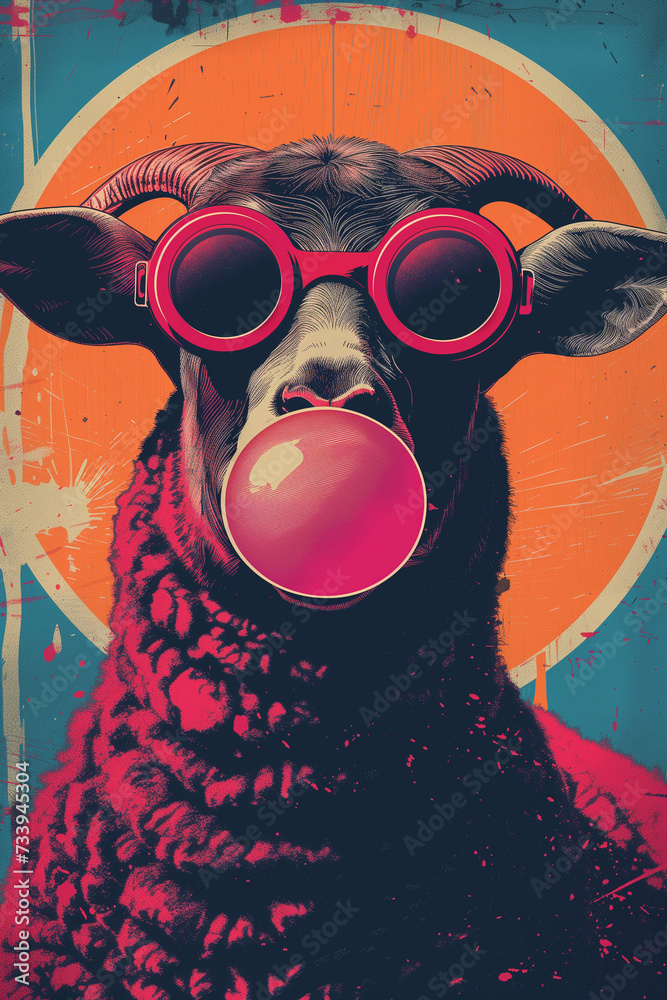Portrait of a ram in urban street art and pop art style, wearing glasses, blowing gum