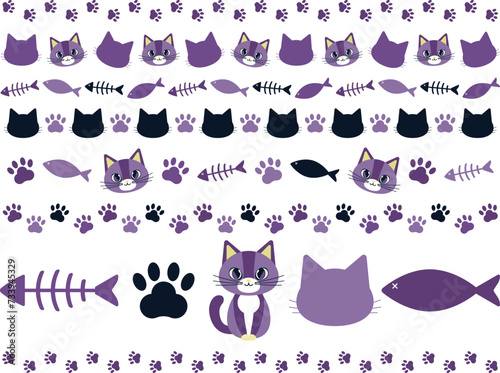 ポップでかわいい猫のアイコンとライン7種セット　パープル
