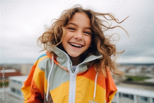 Portrait of a cute little girl with curly hair in a raincoat