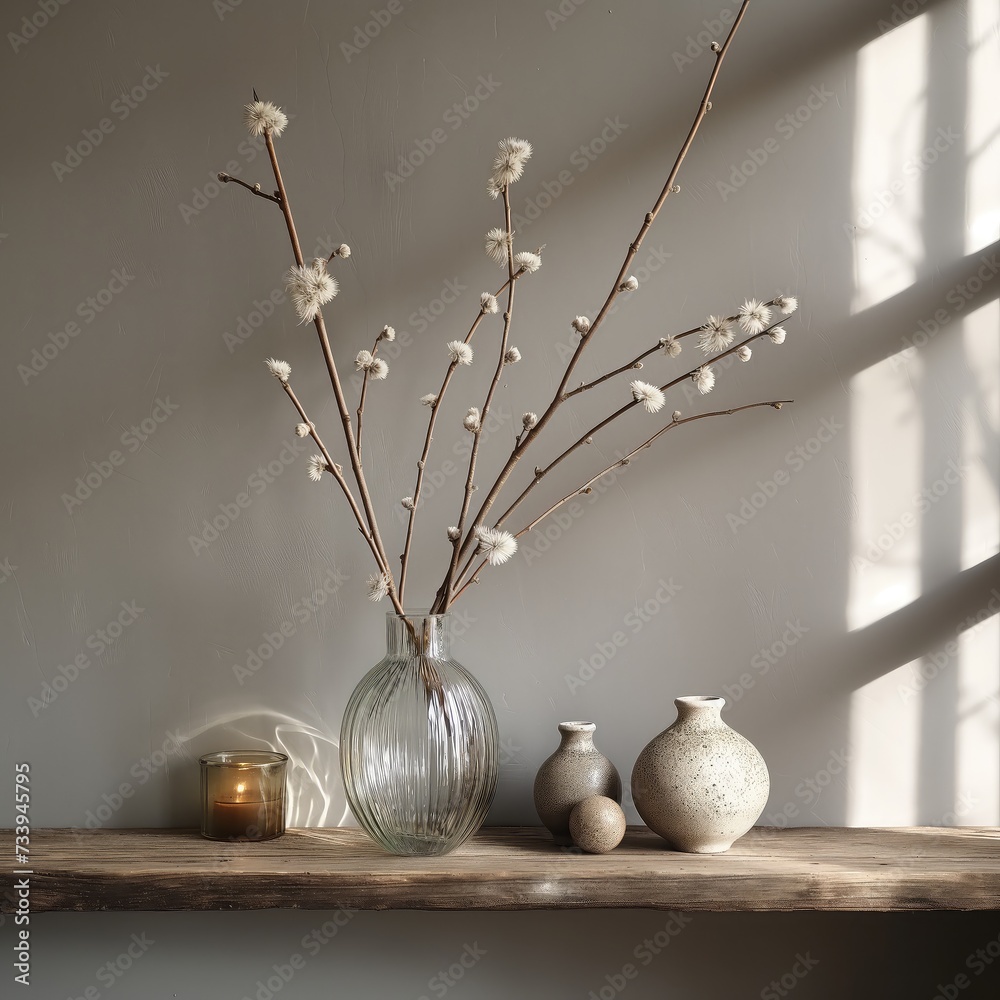 Vase with willow branches and burning candle on wooden shelf against white wall