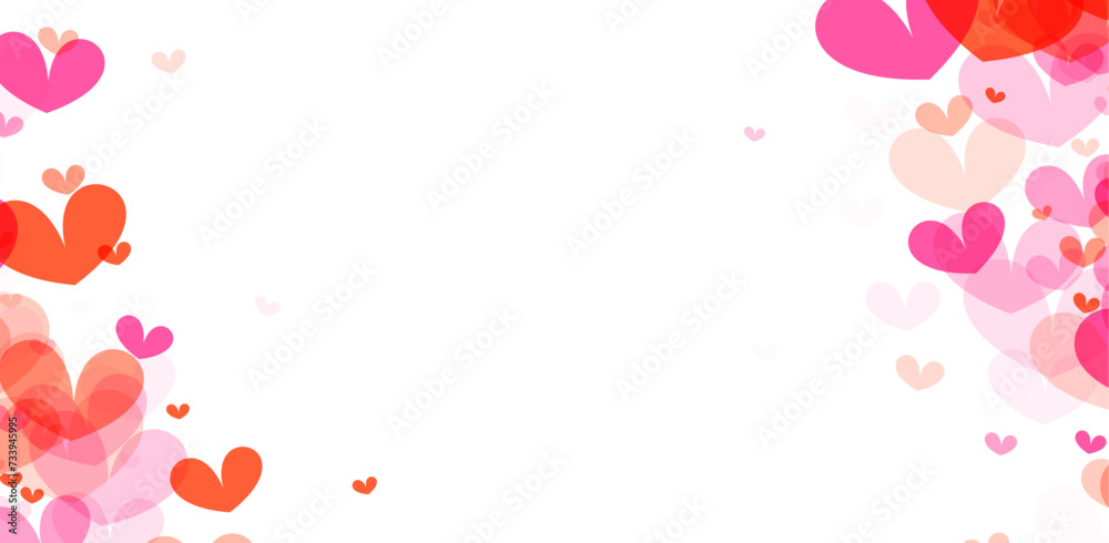panoramic overlay of hearts in a gradient from deep red to soft pink
