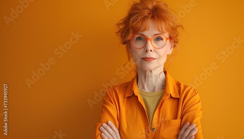 Portrait of a severe middle aged red-haired woman teacher with glasses on a yellow background, .