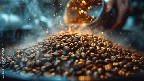 A close-up view of aromatic coffee beans roasting, with a warm glow and rising steam, captured in high detail. © Ai-Pixel