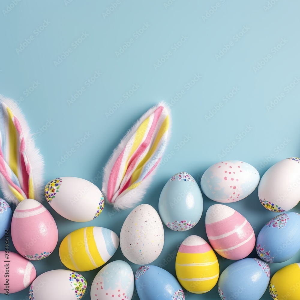 Colorful Easter eggs with bunny ears on blue background