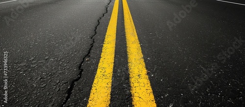 Close up shot black asphalt road and yellow dividing lines