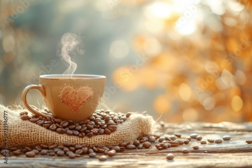 A Cup of Coffee on a Sack of Coffee Beans with a Heart-Shaped Design photo