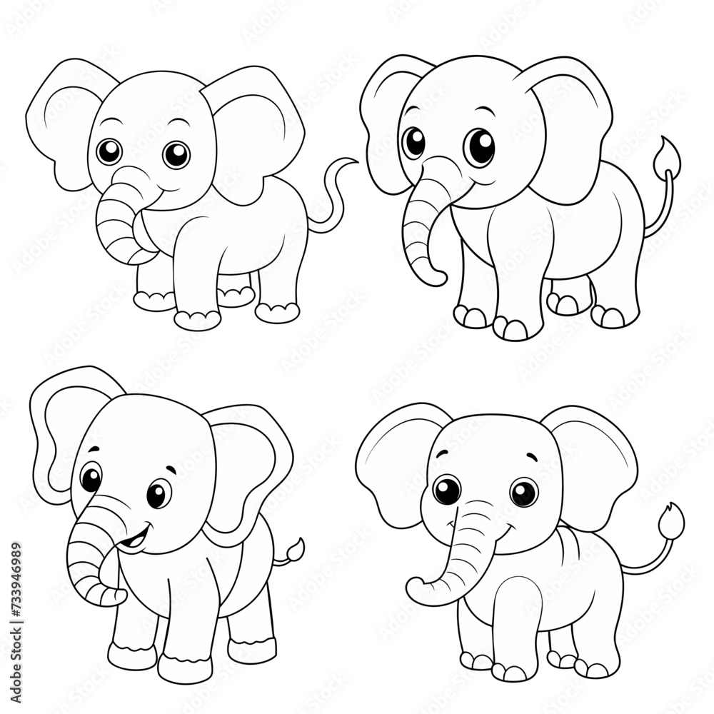 Fototapeta premium Forest animals - cute elephant, simple thick lines kids or children cartoon coloring book pages. Clean drawing can be vectorized to illustration easily