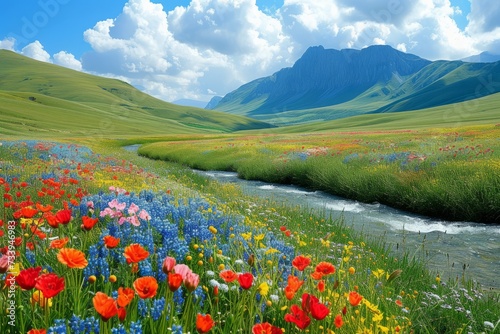 The flowers and river in the valley
