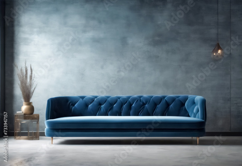 Stile Raffinato- Sofisticato Divano in Velluto Blu in un Ambiente Living Moderno, Sfondo di Parete in Cemento