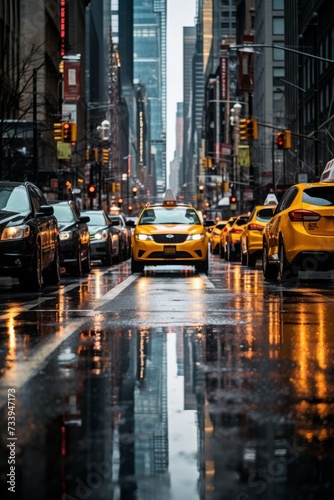 Yellow taxi driving on a wet city street with skyscrapers on both sides © duyina1990