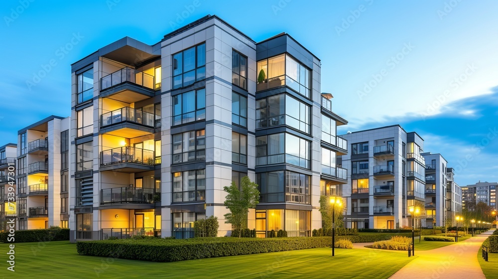 Modern apartment buildings with green lawns and a walking path Modern apartment buildings with green lawns and a walking path