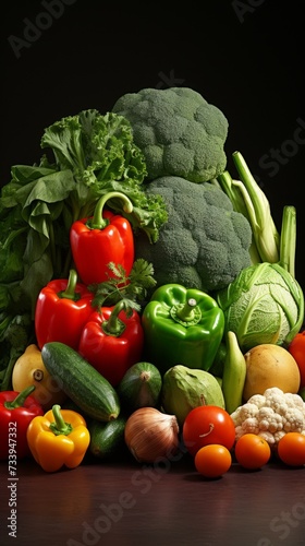 A variety of fresh vegetables are arranged together on a wooden table. © duyina1990
