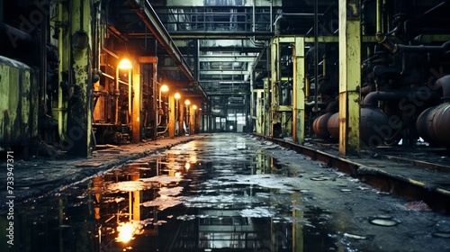 A dark and eerie abandoned factory building with water on the floor and yellow lights illuminating the scene