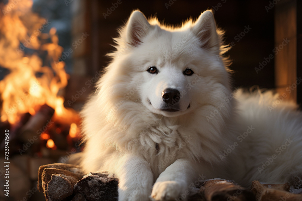 Obraz premium White samoyed dog laying by a fire pit
