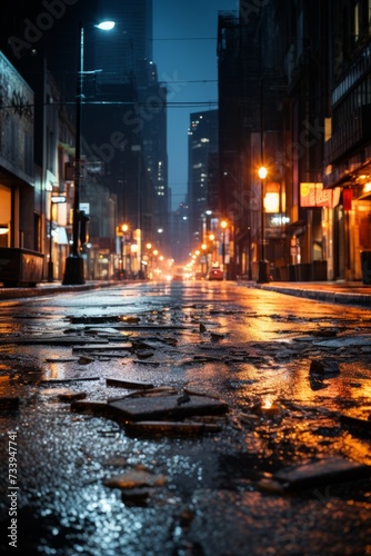 Toronto at night in the rain with broken asphalt