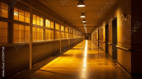 Long creepy empty hallway with yellow lights