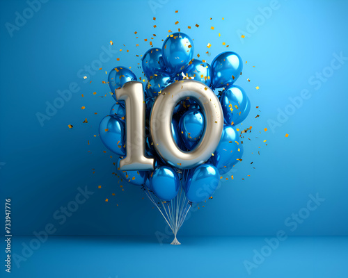 Number 10 birthday balloon with golden confetti. 3D Rendering