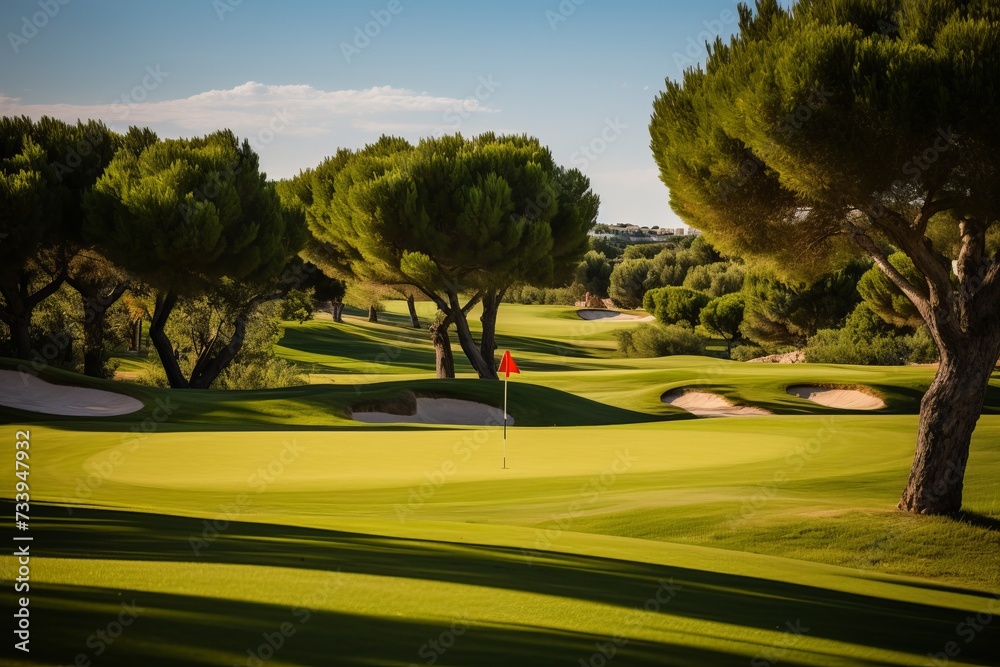 Picturesque golf course with green grass, sand traps, and trees on a sunny day