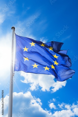 Flag of Europe with stars waving in the wind