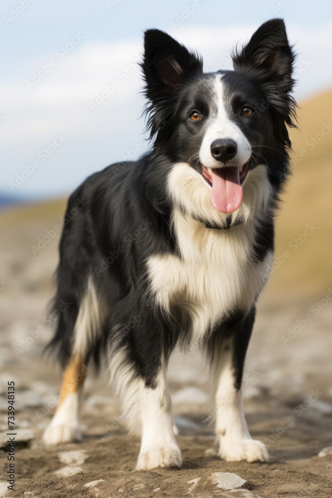 A Border Collie standing on a rocky hilltop with its mouth open and tongue hanging out, looking at the camera