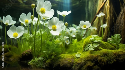 Close-up of white flowers and green moss in a forest setting with a blue light in the background