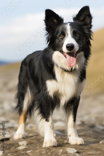 A Border Collie standing on a rocky hilltop with its mouth open and tongue hanging out, looking at the camera © duyina1990