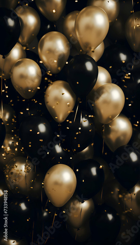 Black and gold balloons on black background with golden confetti. Holiday concept.