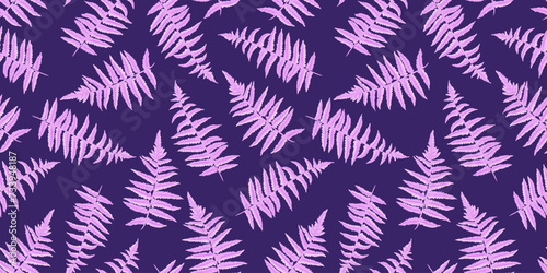 Purple abstract shapes branches leaves ferns seamless pattern. Stylized artistic botanical patterned on a dark violet background. Vector hand drawn sketch. Collage for designs, printing