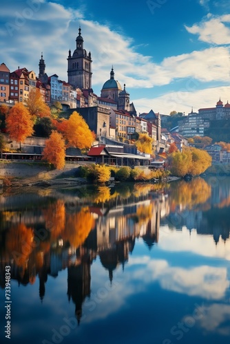 A beautiful riverside town in autumn