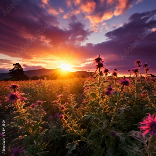 Field of purple flowers with sunset in the background