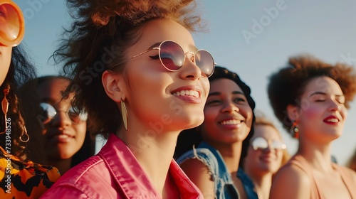 Golden hour glow on happy diverse friends in stylish summer wear, international women's day concept