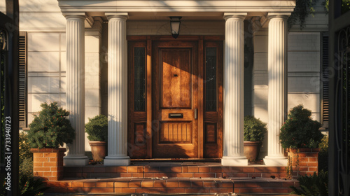 Main entrance door in house. Wooden front door with gabled porch and landing. Exterior of georgian style home cottage with columns  photo