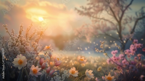 Dreamy sunrise over a serene field of spring's first wildflowers, spring equinox concept © pier