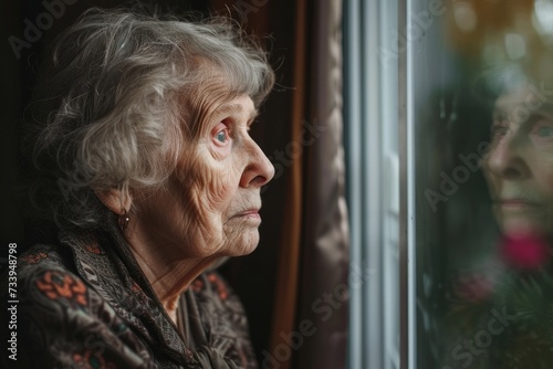 Alone and contemplative, an older woman stares out the window, pondering the passage of time.