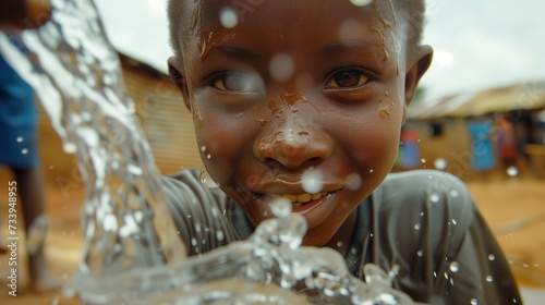 child's pure joy in a moment of play with sparkling water droplets, wolrd water day concept photo