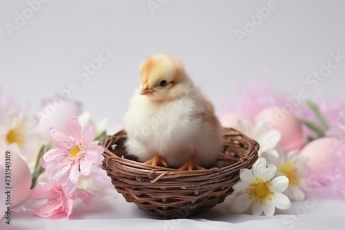 Cute little chicken in a basket with Easter colored eggs, Easter © Olga