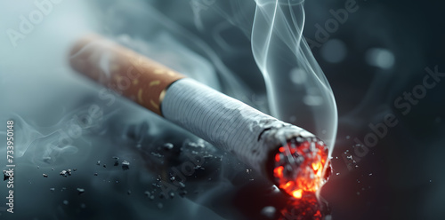 A single lit cigarette with smoke. Dangerous cigarette smoke, Lung disease from smoking 