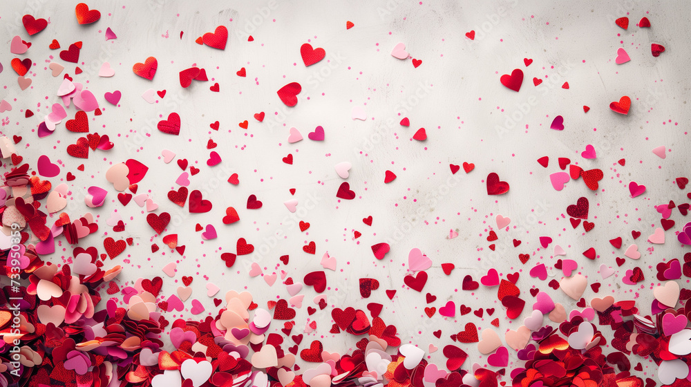 Vibrant background of red and pink heart-shaped confetti scattered on a white surface, capturing the joy and festivity of Valentine's Day Vibrant background of red and pink heart-shaped confetti scattered on a white surface, capturing the joy and festivity of Valentine's Day