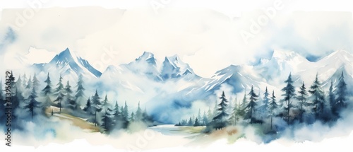 Blue colors watercolor color abstract brush painting art of beautiful mountains, mountain peak with firs, forest trees, minimalism landscape panorama banner illustration, isolated on white background © Corri Seizinger