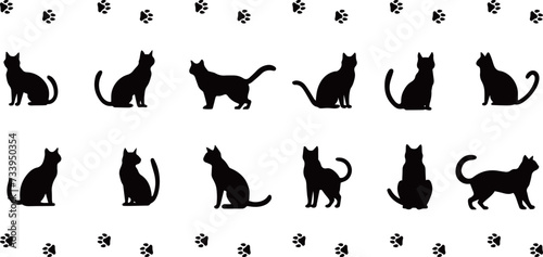 猫の足跡のフレームとシルエットとセット