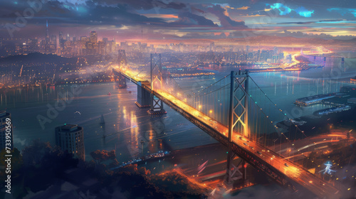 intricate landscape wallpaper with vibrant night colors, video game art, san francisco bridge from above illustration
