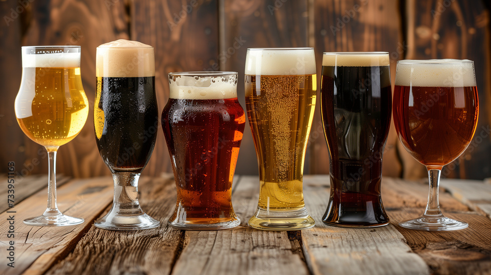 Variety of beer glasses, including pilsner, stout, and ale, arranged on a rustic wooden table, natural daylight highlighting the different colors and clarity of the beers Variety of beer glasses, including pilsner, stout, and ale, arranged on a rustic wooden table, natural daylight highlighting the different colors and clarity of the beers