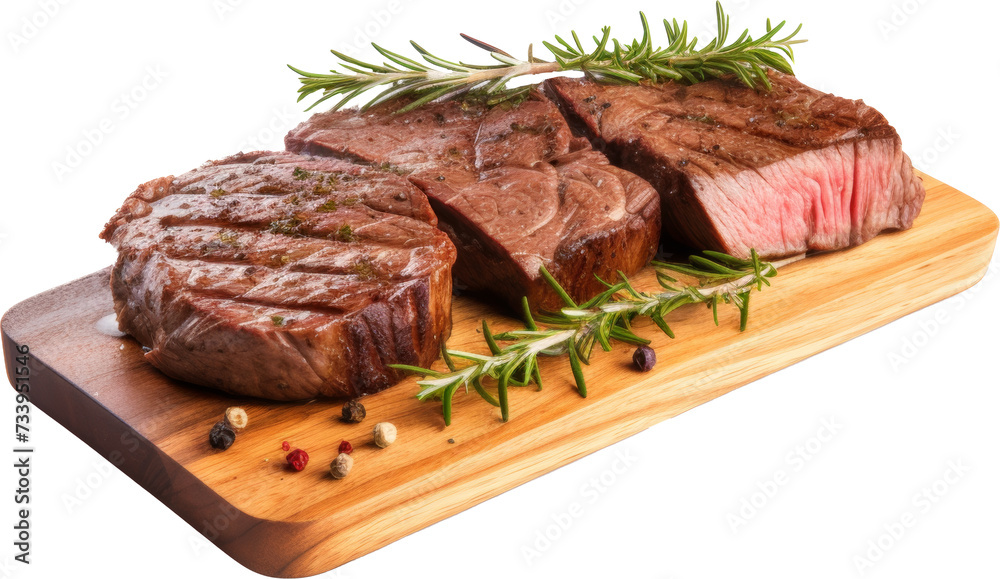 Steak on wooden board isolated on white or transparent background 