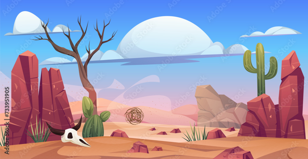Western desert landscape with mountains, cactus and rocks, skull of animal. Vector cartoon scenery for game location setting, empty scene with dry tree and grass, stones and dunes of sands
