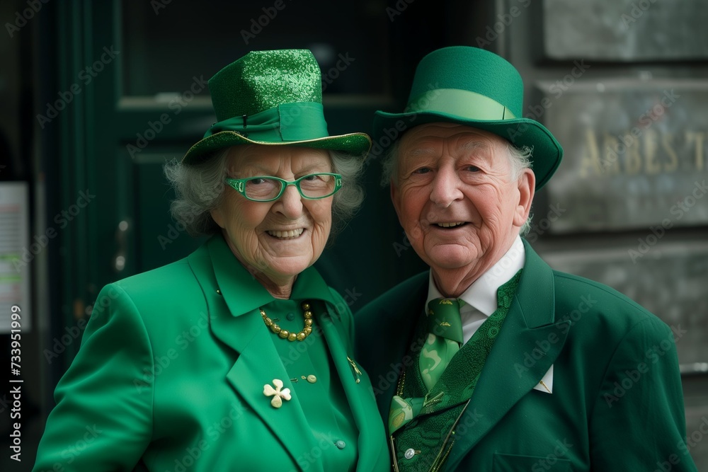 A happy elderly couple in green suits at the city festival in honor of St. Patrick's Day A happy elderly couple in green suits at the city festival in honor of St. Patrick's Day
