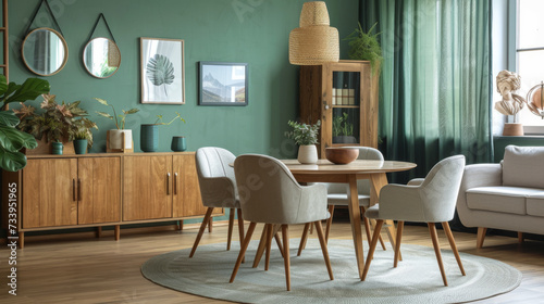 Mint color chairs at round wooden dining table in room with sofa and cabinet near green wall. Scandinavian  mid-century home interior design of modern living room 