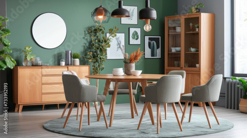 Mint color chairs at round wooden dining table in room with sofa and cabinet near green wall. Scandinavian  mid-century home interior design of modern living room 