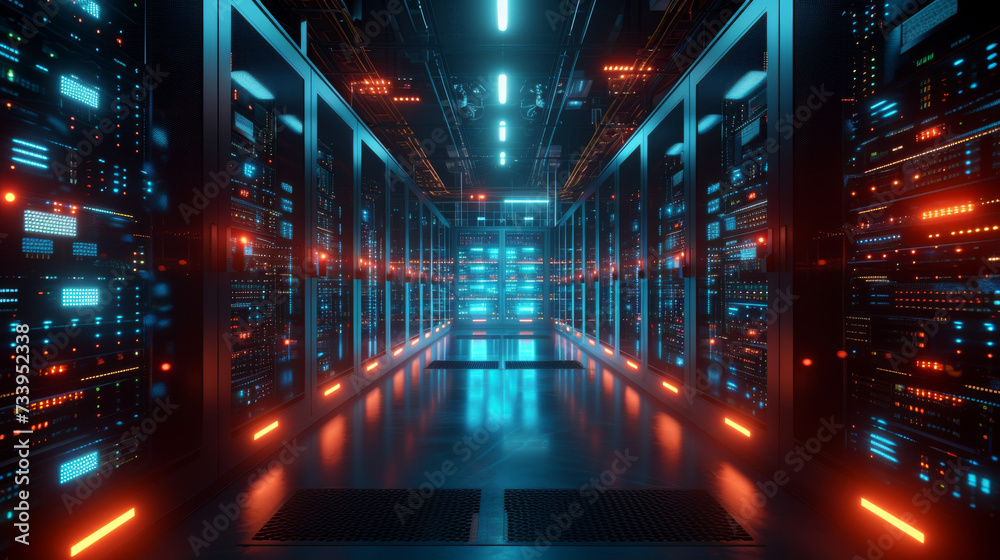 Modern Data Technology Center Server Racks in Dark Room with VFX. Visualization Concept of Internet of Things, Data Flow, Digitalization of Internet Traffic. Complex Electric Equipment Warehouse